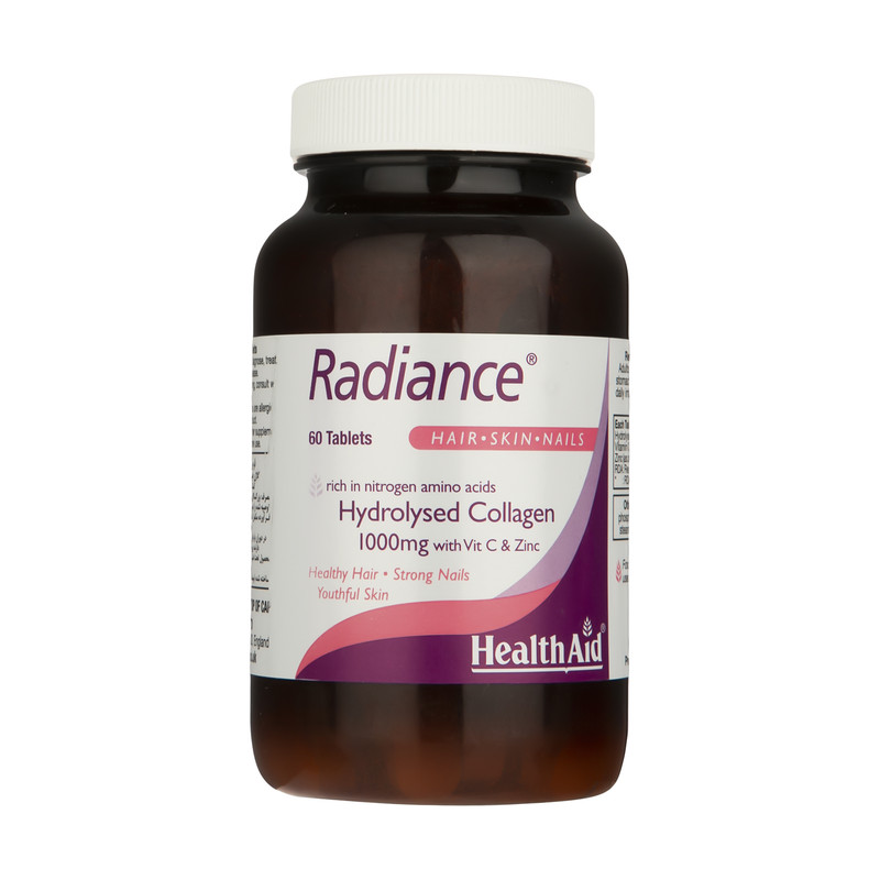 قرص کلاژن هیدرولیز شده هلث اید مدل Radiance با 1000 میلیگرم کلاژن، ویتامین C و زینک، بهبود سلامت پوست، مو و ناخن، تقویت مفاصل و افزایش استحکام ناخنها، بسته 60 عددی